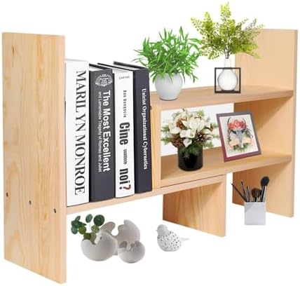 Flexzion Natural Wooden Desktop Shelf Wood Caddy Desk Organizer Set Office Storage Adjustable Expandable Tabletop Access