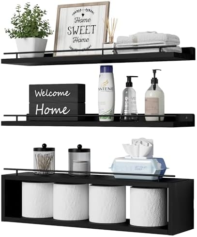 WOPITUES Floating Shelves for Wall 24 inch with Cube Shelf, Wall Shelves with Metal Rail for Decor, Bathroom Organizers 