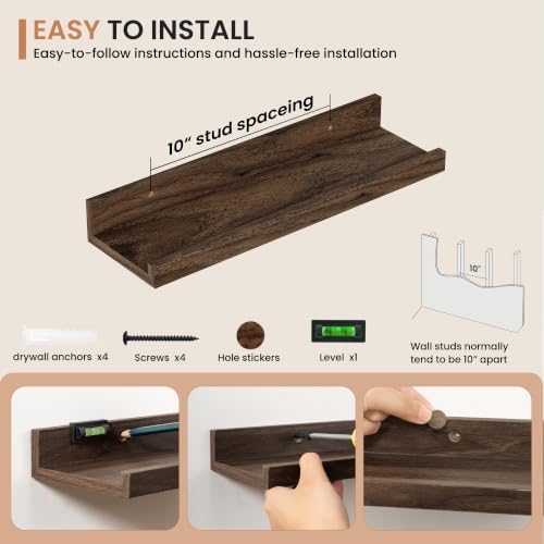 Dreamland Picture Ledge Shelf for Wall, Floating Shelves Set of 4,16 inch Long Floating Shelves with Lip for Living Room,Bedroom,Bathroom,Kitchen,Walnut