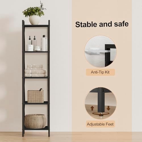 Homhedy 5 Tier Small Bookshelf, Tall Narrow Bookcase, Metal Book Shelf