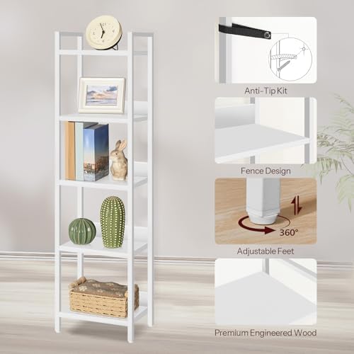 MAHANCRIS Bookshelf, 5-Tier Bookcase, Standing Book Shelf for Small Space, Storage Shelf Organizer, for Living Room, Bed