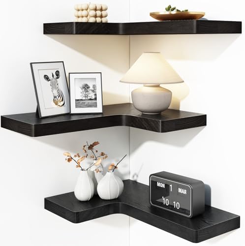 Fixwal Corner Floating Shelves for Wall Mounted Natural Solid Wood 16"x11.4" Farmhouse Home Decor Display Shelving Set o
