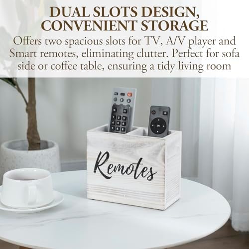 MyGift TV Remote Control Holder Organizer, Wood DVD Remote Caddy Storage for Table, 2 Large Compartment, Shabby Whitewashed Solid Wood with Black Cursive Remotes Label