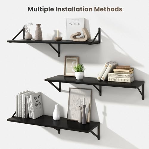 Marsmiles Deep Floating Shelves, 36'' x 12'' Black Wood Shelves Set of 2