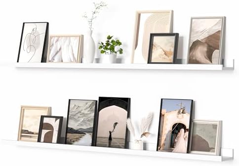 Heimlove Picture Ledge Shelf, Floating Shelves Set of 2, 56 Inches Picture Shelf for Wall with Ledge, Kids Bookshelf Wall Mounted for Living Room Bedroom Decor Books Photo Frames, White