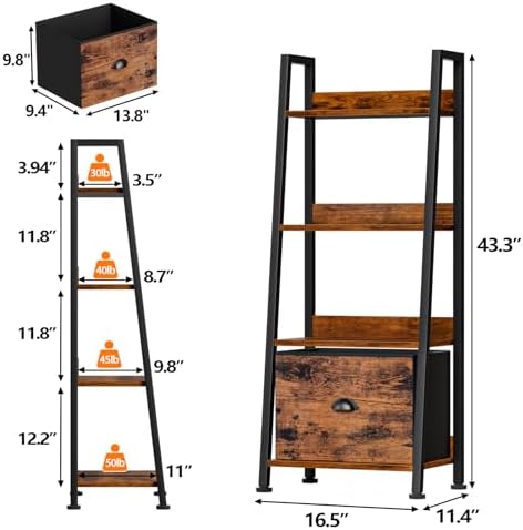 Furologee 4 Tier Ladder Shelf, Small Bookshelf with Drawer, Rustic Brown