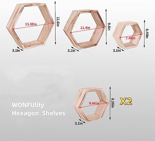 WONFUlity Hexagon Floating Shelves, Hexagonal Shelf Wall Mounted Storage