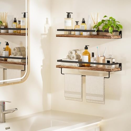 Amada Bathroom Shelves with Towel Bar, Set of 2, Rustic Brown