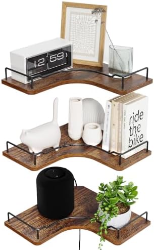 L-Shaped Corner Floating Shelves Wall Mounted Set of 3,Brown