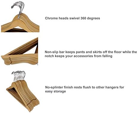 Wood Suit Clothes Closet Hanger w/Non-Slip Bar - Set of 10 Natural Finish Hangers