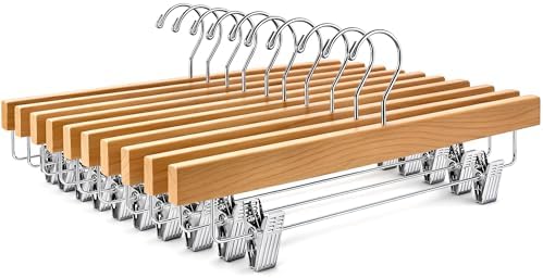 ZOBER Wooden Pants Hangers with Clips, Clothes Hangers, Natural, 10 Pack
