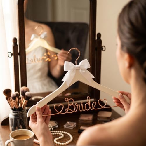 White Wooden Bride Wedding Dress Hanger, Gold Wire Lettering