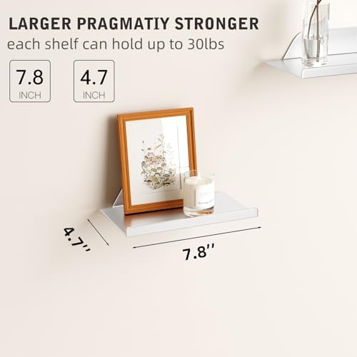 Floating Shelves for Wall, Off Center Metal Shelves for Living Room, Silver Floating Shelves for Wall Decor, 8” Hanging 