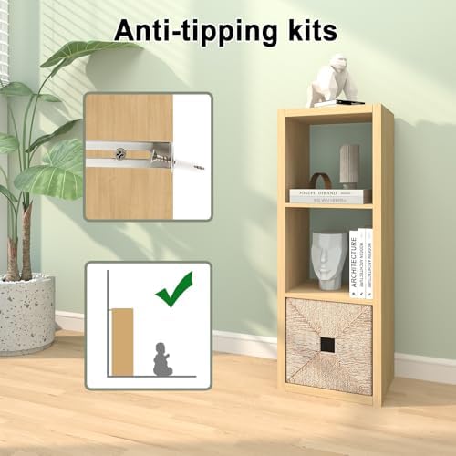 CTESNE【2026 Wooden Thick Frame 3 Cube Storage Organizer Shelf with Anti-Tipping Kits + Reversible Open Back Bookcase, Ho