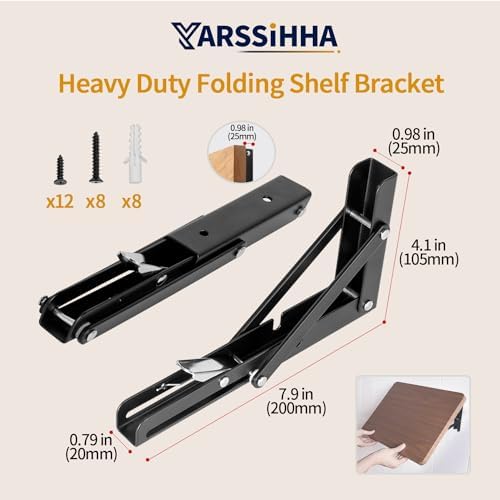 Yarssihha 8 Inch Folding Shelf Bracket, 4 Pack Heavy Duty Wall Mounted Foldable Brackets, Space-Saving Metal Collapsible
