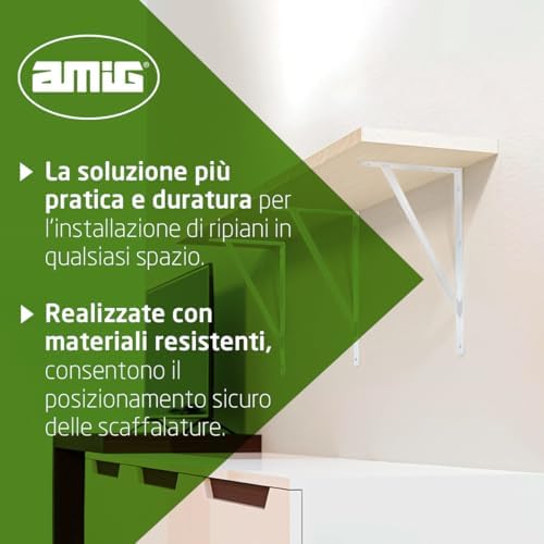 Amig - Pack of 4 Shelf Brackets Colour White - Bracket for Shelves 500 x 325 mm - Heavy-Duty Steel up to 185 kg