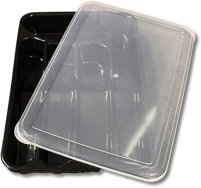 Utensil and Silverware Organizer tray for drawer with cover -Cutlery Flatware Organizer with lid - for kitchen drawer, BBQ, picnic, Covered flatware tray,5 Compartments - Plastic (BLACK)