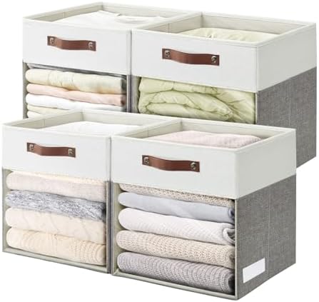 Bagnizer Storage Cubes, 4 Pack Linen Foldable Storage Bins (13 x 13 inch) with Clear Window and 2 Handles, Closet Organizers and Storage for Shelf Closet, Clothes, Books - (Gray and White)