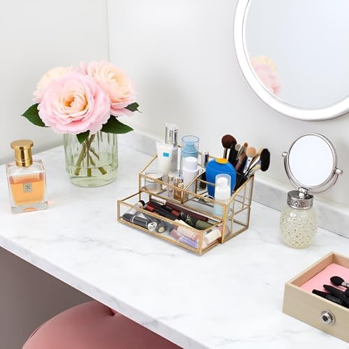 Vintage Gold Makeup Organizer - Glass Makeup Organizer Countertop Organizer for Make-Up Brushes Vanity, Tabletop Organiz