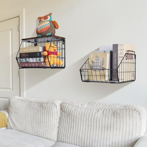 Wawocs 2 Tier Stackable Wall Mounted Hanging Basket, Fruit Basket for Kitchen Counter, Storage Bin with Wood Lid, Onion 