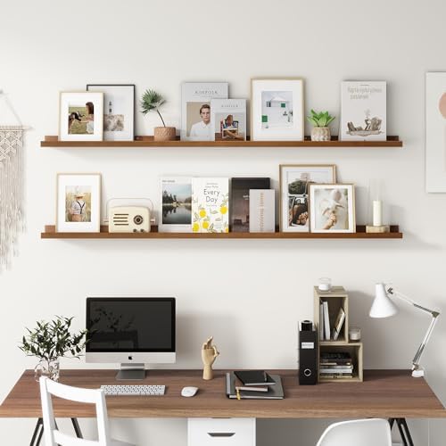 FLYJOE Picture Ledge Shelf, Floating Shelves Set of 2, Solid Pine Wood 72'' Long Large Nursery Book Shelves for Toys Storage, Kids Bookshelf for Living Room Bedroom Decor Books Photo Frames, Walnut