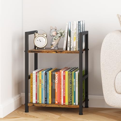 Small Bookshelf for Small Space, 2 Tier Industrial Bookcase,Narrow Book Case Storage Organizer Book Shelf for Living Roo