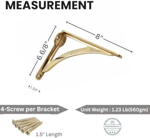 STYLENT Decor Decorative Brass Shelf Bracket, Heavy Duty and Antique Shelf Bracket for Shelving Modern L Shaped Design (
