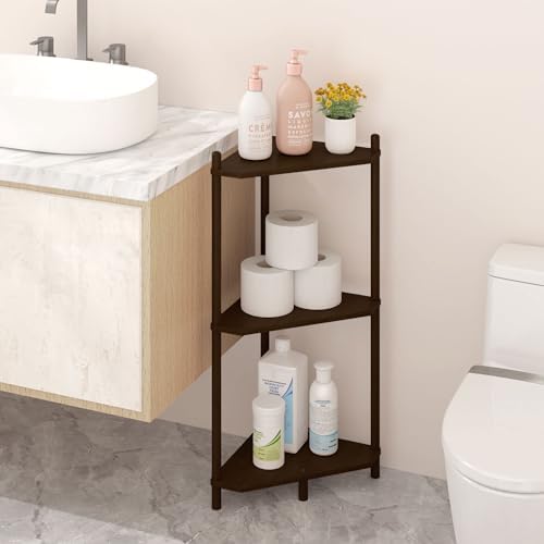 Wisuce Brown Small Corner Shelf Stand, 3-Tier Bamboo Corner Bookshelf