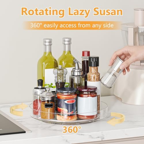 4 Pack 10 Inch Clear Lazy Susan Turntable Organizer for Cabinet, Non-Slip Acrylic Rotating Tray with Raised Edge, Spinni