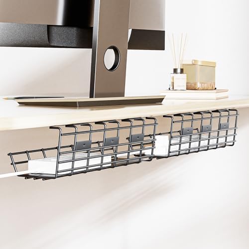 2 Pack DELAMU Under Desk Cable Management Tray, Large Metal Cord Organizer, Office & Home Cord Wire Management Under Des