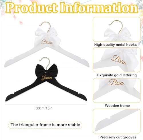 2 Pcs Bride Hanger and Groom Hangers Set, Wooden Wedding Dress Hanger,Wedding Accessories for Bride and Groom Gifts, Wedding Hangers with Letter and Bow Tie for Bridal Party Shower