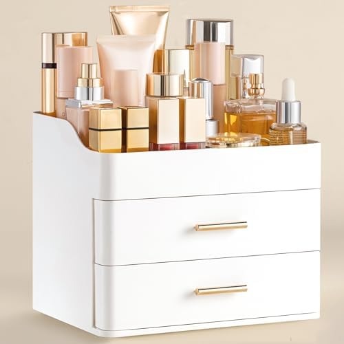 HBlife Makeup Organizer for Vanity with 2 Drawers, Large Bathroom Countertop Cosmetics Organizer Skin Care Storage, Easy