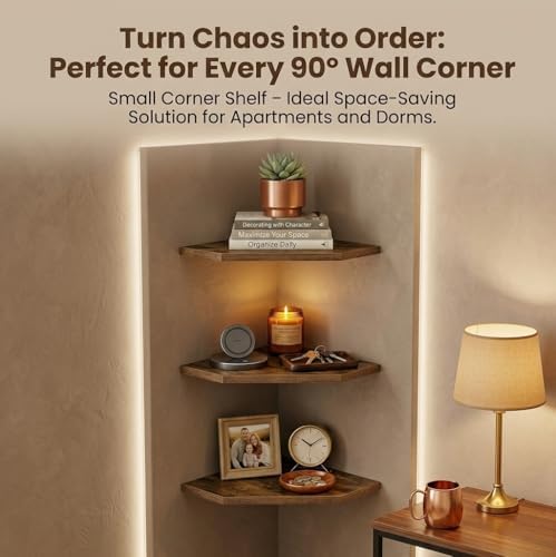 SUYU Set of 3 Floating Corner Shelves, 11.8" Rustic Wood Corner Shelf Wall Mounted, L-Shaped Corner Wall Shelf for Bathr