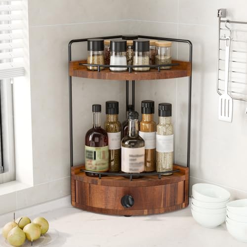 2-Tier Corner Bathroom Counter Organizer with Drawer, Acacia Wood