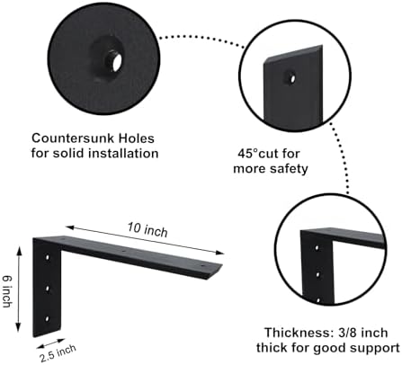 Countertop Support Bracket 6 Pack 10 inch Heavy Duty 3/8" Thick Black Granite Countertop Bracket 10"x6"x2.5" Shelf L Bra