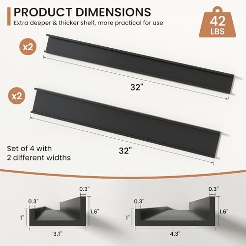 Fun Memories Picture Ledge Shelves Set of 4, 32 Inch Rustic Wall Mounted Floating Shelves with Lip for Home Storage and 
