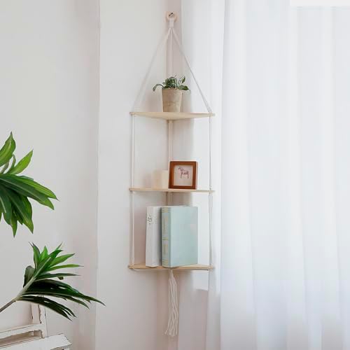 Artilady Corner Shelves Macrame Wall Hanging, 3 Tier Boho Storage