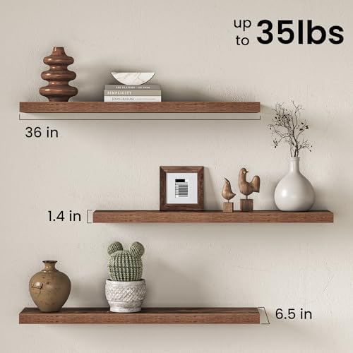 36 Inch Floating Shelves for Wall, Wood Wall Mounted Deep Storage Shelves with Invisible Brackets, Large Decorative Disp