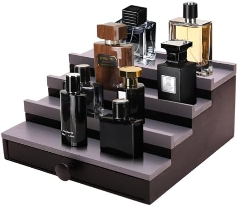 4 Tier Men's Cologne Organizer, Black Gray Wood Display Stand with Drawer