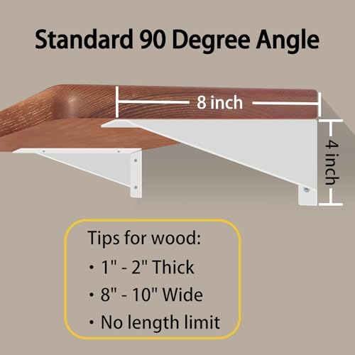 BRATA Shelf Brackets White 8 Inch, 4 Pack, Metal Shelving Brackets