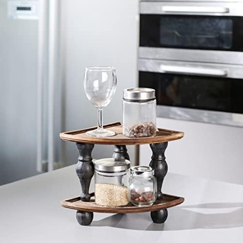 GoFika Small Corner Shelf Stand, 2 Tier Wooden Shelving Unit Black Riser, Vintage Corner Countertop Pedestal Stand Stack