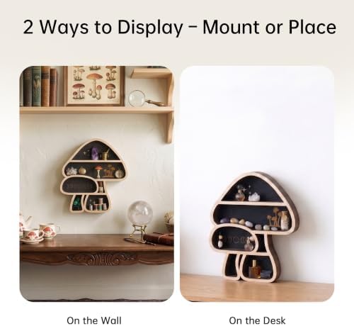 Cute Mushroom Decor, Wooden Mushroom Wall Shelf Crystal Display Shelves