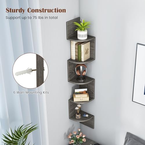 GOFLAME Corner Shelf Wall Mounted, 5-Tier Floating Corner Bookshelf, Wood Plant Stand, Modern Floating Display Rack for 