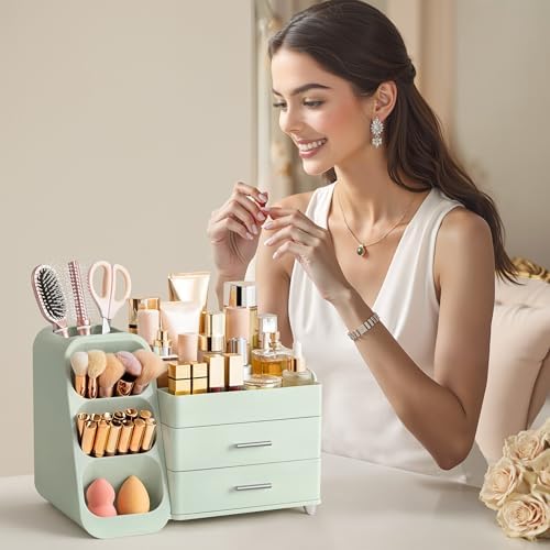 HBlife Makeup Organizer with Brush Holder for Vanity, Large Plastic Bathroom Countertop Organizer Skin Care Storage, Eas