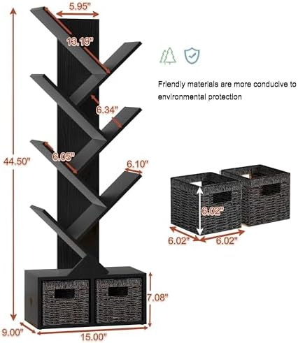 Vagusicc 6 Tier Tree Bookshelf with 2 Storage Cabinets, Tall Display Shelf Organizer for Books, Magazines, Home Decor, N