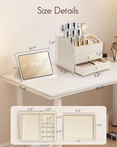 VLANDO 3-Layer Makeup Organizer with 2 Large Drawers for Vanity,Beige