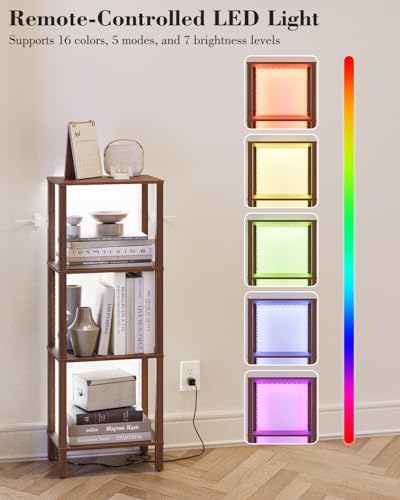 Open Book Shelf with LED Lights, 4 Tier Small Bookshelf, Freestanding Shelf Narrow Bookcase with Open Shelves, 14.96" x 