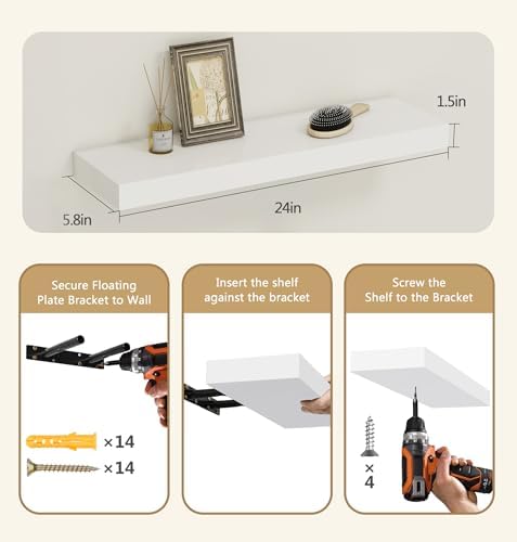 Vervida® White Rustic Floating Wall Shelves 24in Set of 3 Hidden