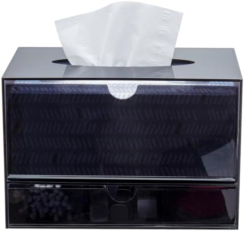 MyGift Premium Black Acrylic Cosmetic Organizer Caddy and Tissue Box Cover with Pull Out Makeup Storage Drawer - Counter