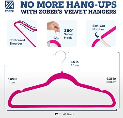 Zober Velvet Hangers 50 Pack - Heavy Duty Pink Hangers for Coats, Pants & Dress Clothes - Non Slip Clothes Hanger Set - Space Saving Felt Hangers for Clothing